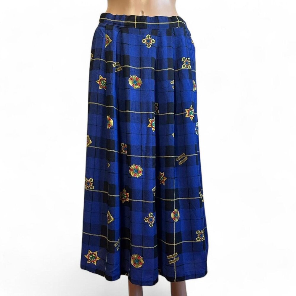 Chaus women's high waisted gold and royal blue black skirt plaid vintage size 14